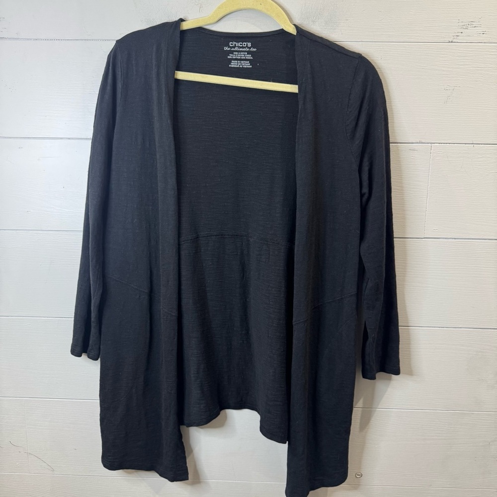 Chico's Black Cotton Slub Open Ultimate Tee Cardigan Size Small Petite